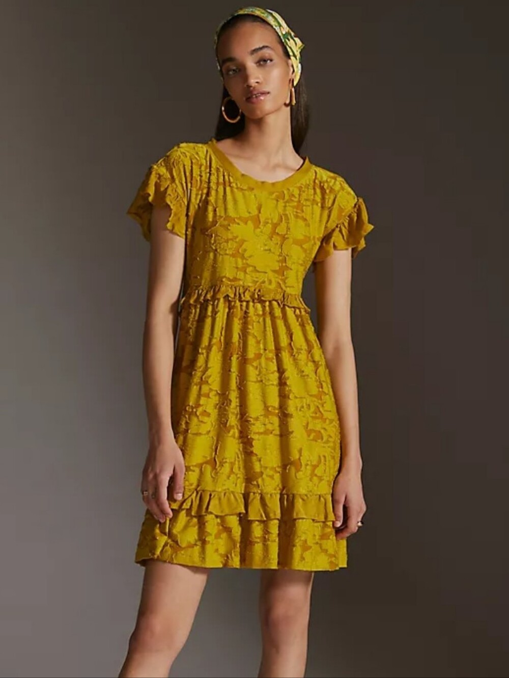 By Anthropologie Ruffle Knit Mini Dress Cut Out Tie Back Floral Texture Gold XL